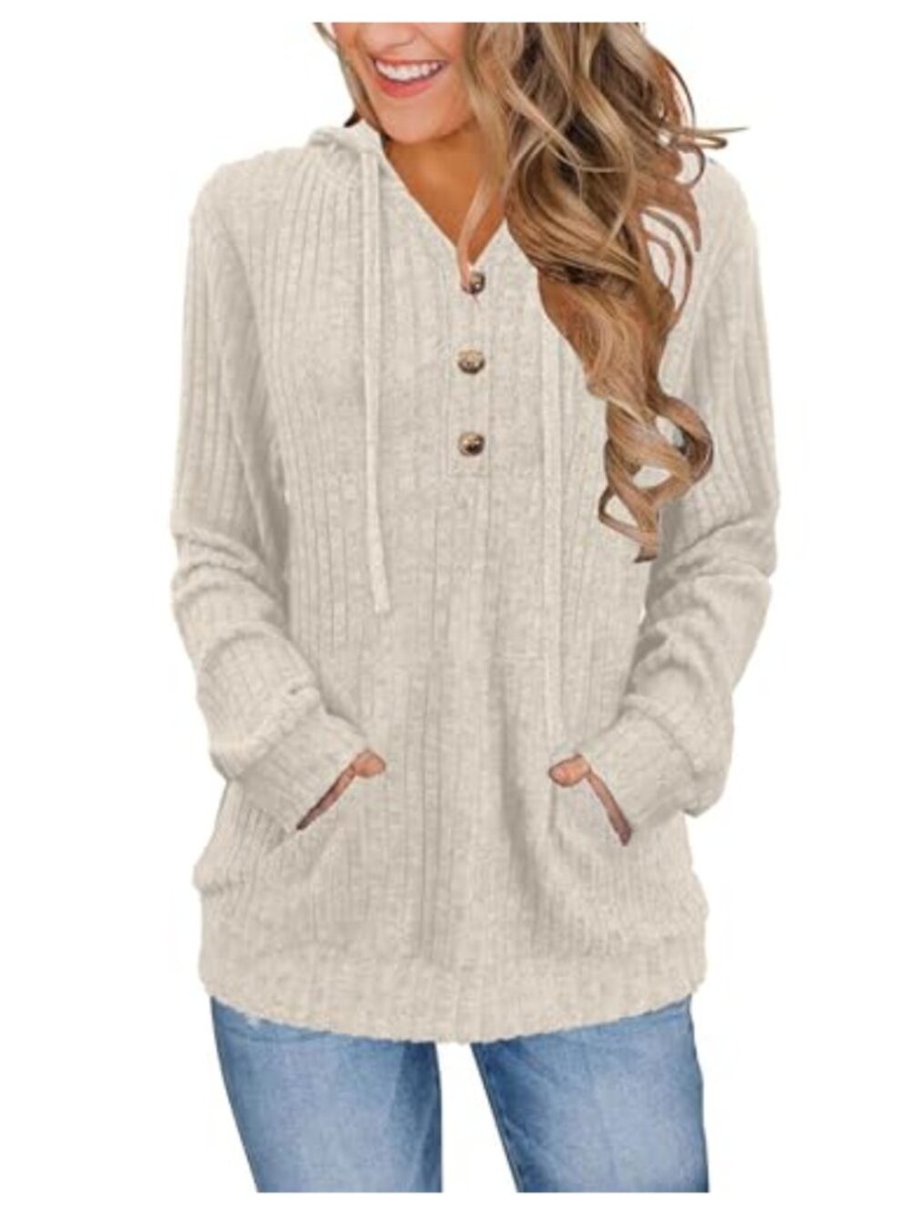 Women's Ribbed Henley Hoodie Pullover Kangaroo Pocket Fall Winter Sweater